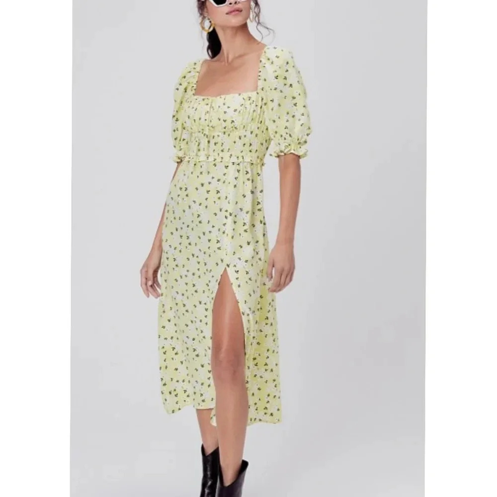 For Love & Lemons Chrysanthemum Midi Dress Lemonade - Picture 1 of 9